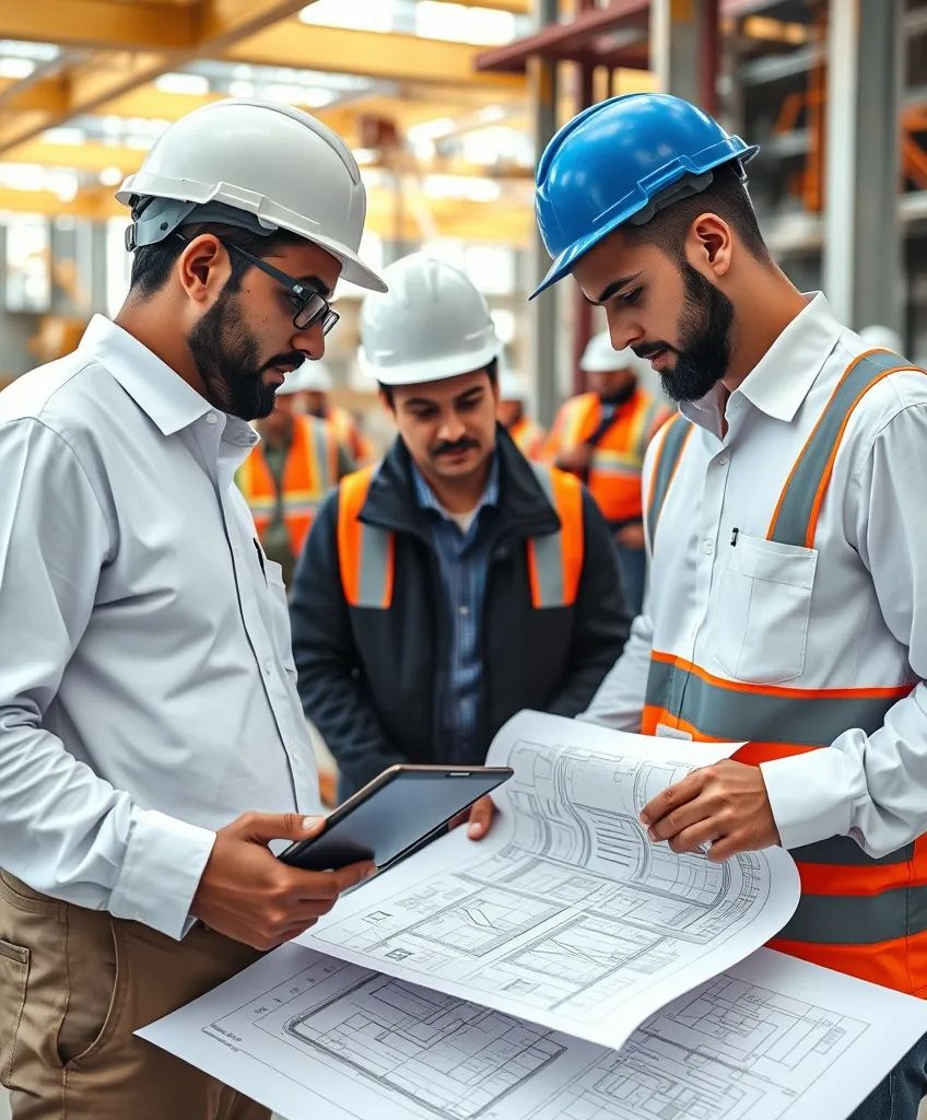 Équipe technique RYM Ingénierie Maroc analysant des plans d’exécution MEP sur chantier avec tablettes et schémas numériques