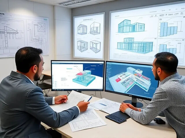 Ingénieurs de RYM ingénierie en réunion de conception BIM, CVC et thermique dans un bureau technique moderne
