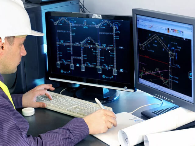 Spécialiste BIM modélisant un bâtiment en 3D avec données techniques sur écrans et maquette numérique interactive au sein de RYM ingénierie Spécialiste BIM modélisant un bâtiment en 3D avec données techniques sur écrans et maquette numérique interactive au sein de RYM ingénierie