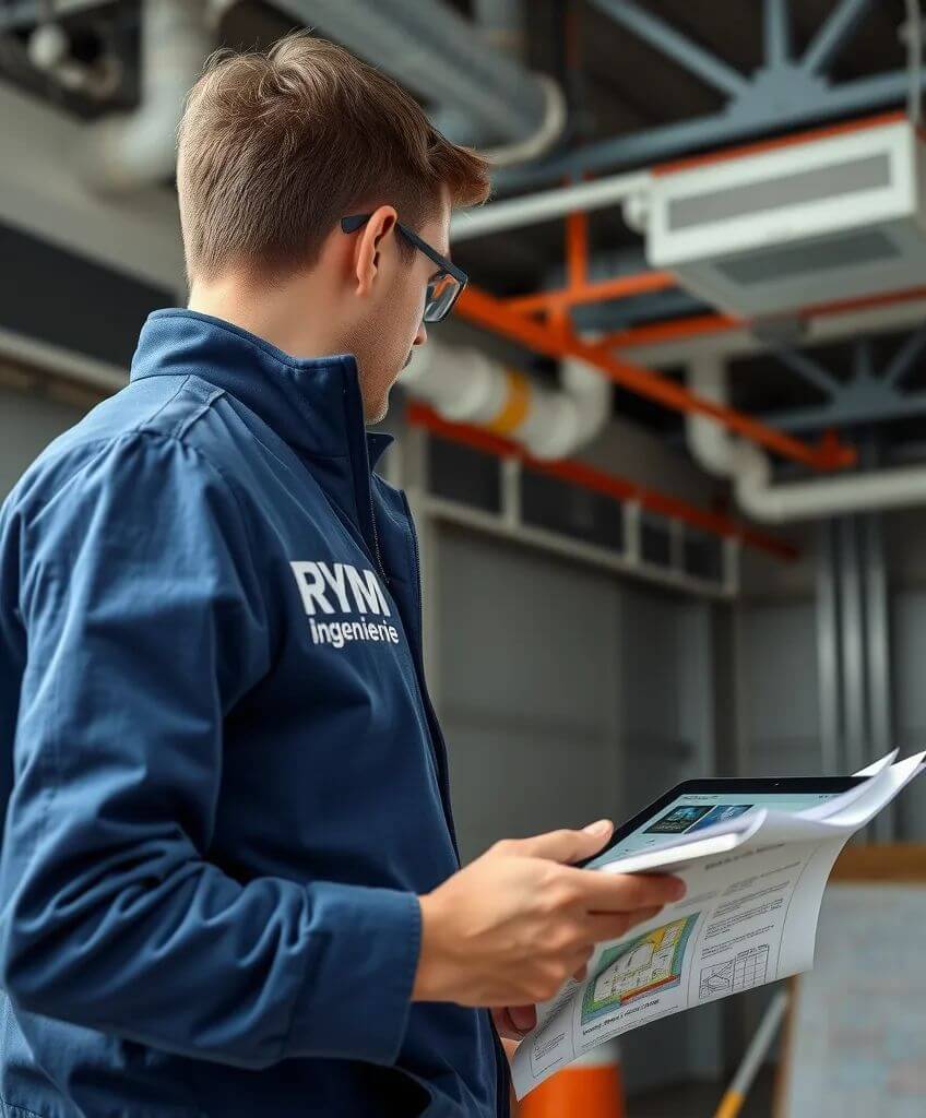 Technicien de RYM Ingénierie France portant un blouson de travail, contrôlant des installations techniques avec plans et modélisation BIM